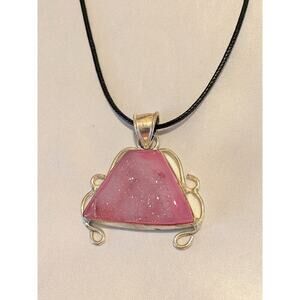 Vintage Natural Pink Druzy 925 Sterling Silver Pendant Necklace Handmade NOS